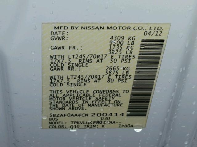 5BZAF0AA4CN200414 - 2012 NISSAN NV 3500 WHITE photo 10