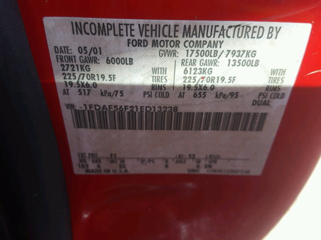 1FDAF56F21ED13238 - 2001 FORD F550 SUPER RED photo 10