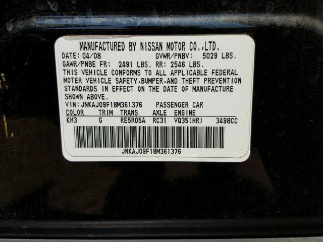 JNKAJ09F18M361376 - 2008 INFINITI EX35 BASE BLACK photo 10