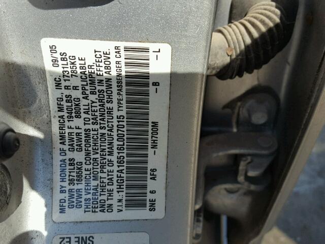 1HGFA16516L007015 - 2006 HONDA CIVIC LX SILVER photo 10