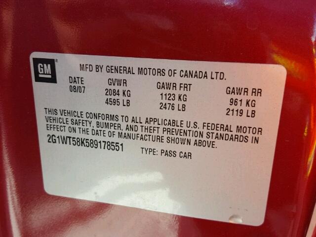 2G1WT58K589178551 - 2008 CHEVROLET IMPALA LT RED photo 10