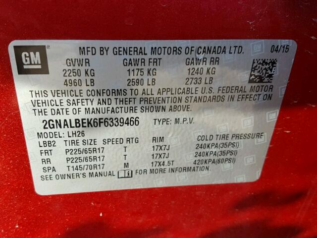 2GNALBEK6F6339466 - 2015 CHEVROLET EQUINOX LT RED photo 10