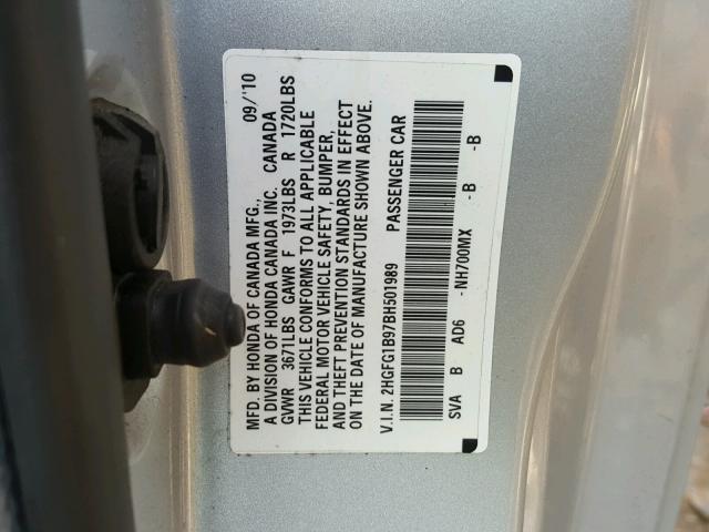 2HGFG1B97BH501989 - 2011 HONDA CIVIC EXL GRAY photo 10