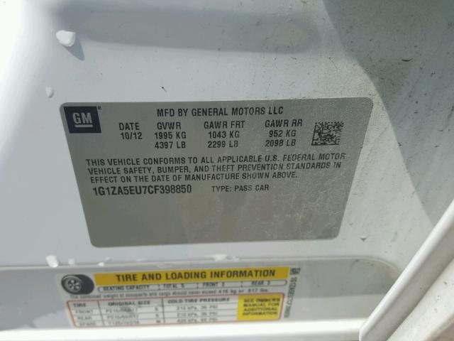 1G1ZA5EU7CF398850 - 2012 CHEVROLET MALIBU LS თეთრი ფოტო 10