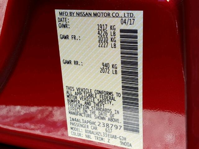 1N4AL3AP6HC238797 - 2017 NISSAN ALTIMA 2.5 RED photo 10