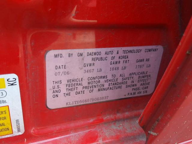 KL1TD56657B063837 - 2007 CHEVROLET AVEO BASE Qırmızı foto 10