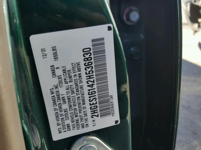 2HGES16142H536830 - 2002 HONDA CIVIC DX GREEN photo 10