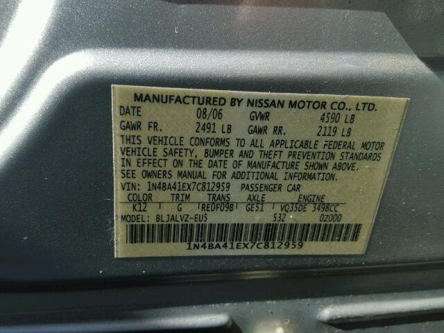 1N4BA41EX7C812959 - 2007 NISSAN MAXIMA SE SILVER photo 10