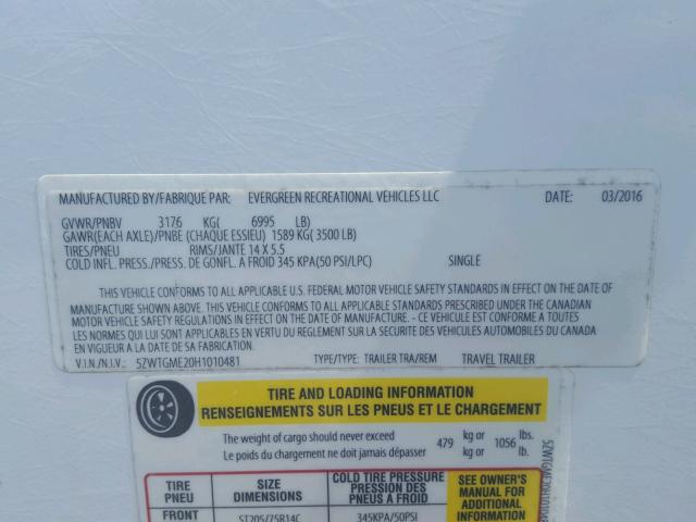 5ZWTGME20H1010481 - 2017 EVER CAMPER WHITE photo 10