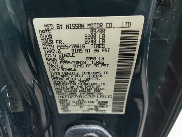 1N6ED27Y81C321816 - 2001 NISSAN FRONTIER C GREEN photo 10