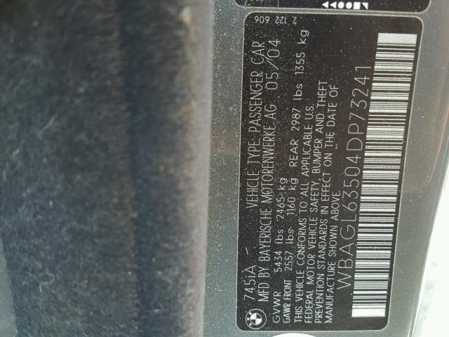 WBAGL63504DP73241 - 2004 BMW 745 I GRAY photo 10