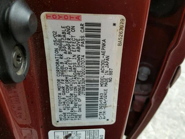 JTDBE32K720107074 - 2002 TOYOTA CAMRY RED photo 10