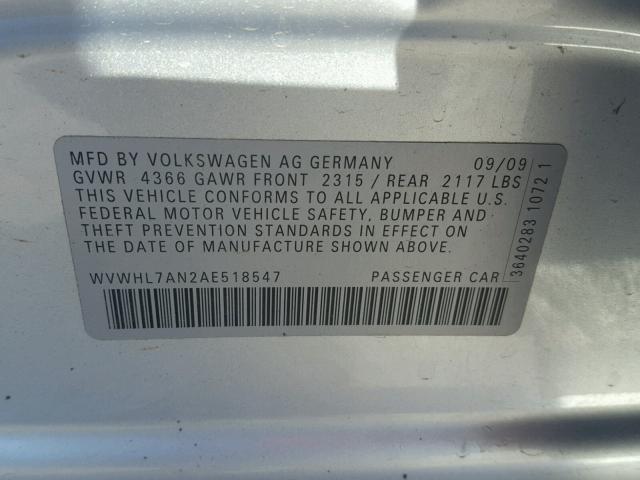 WVWHL7AN2AE518547 - 2010 VOLKSWAGEN CC LUXURY SILVER photo 10