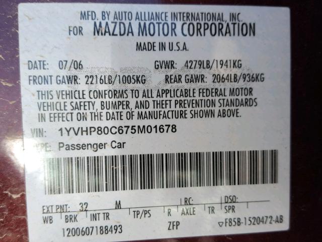 1YVHP80C675M01678 - 2007 MAZDA 6 I كستنائي صورة 10