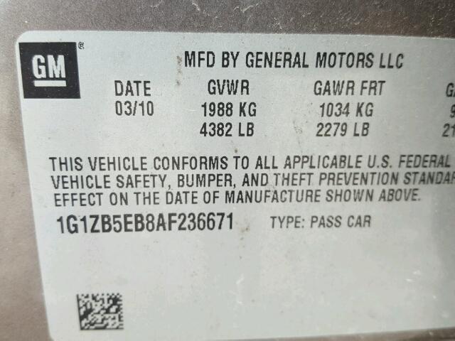 1G1ZB5EB8AF236671 - 2010 CHEVROLET MALIBU LS ყავისფერი ფოტო 10