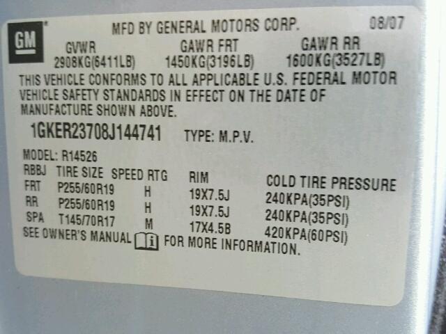1GKER23708J144741 - 2008 GMC ACADIA SLT ნაცრისფერი ფოტო 10