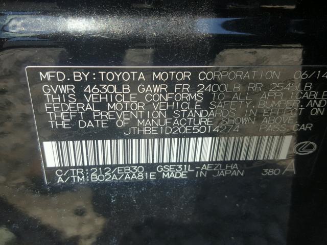 JTHBE1D20E5014274 - 2014 LEXUS IS 350 BLACK photo 10