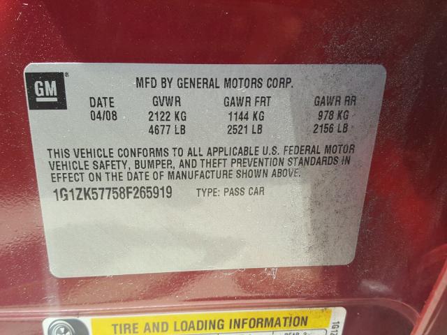 1G1ZK57758F265919 - 2008 CHEVROLET MALIBU LTZ წითელი ფოტო 10