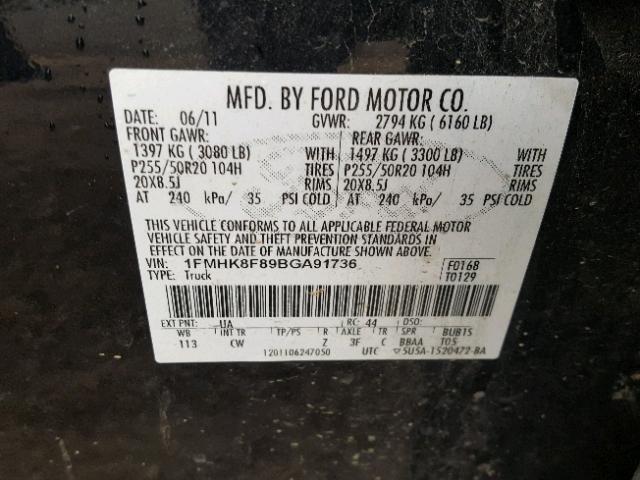 1FMHK8F89BGA91736 - 2011 FORD EXPLORER L BLACK photo 10