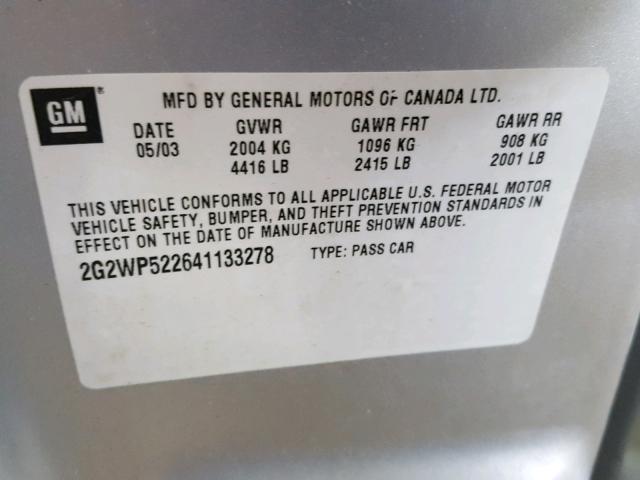 2G2WP522641133278 - 2004 PONTIAC GRAND PRIX SILVER photo 10