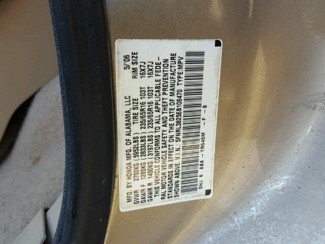 5FNRL38256B108470 - 2006 HONDA ODYSSEY GOLD photo 10