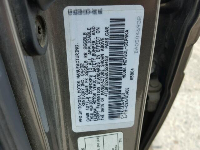 4T1BF32K62U529452 - 2002 TOYOTA CAMRY LE/X CHARCOAL photo 10