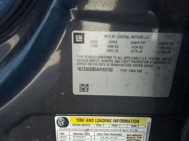 1G1ZA5EB5A4163760 - 2010 CHEVROLET MALIBU LS Boz foto 10