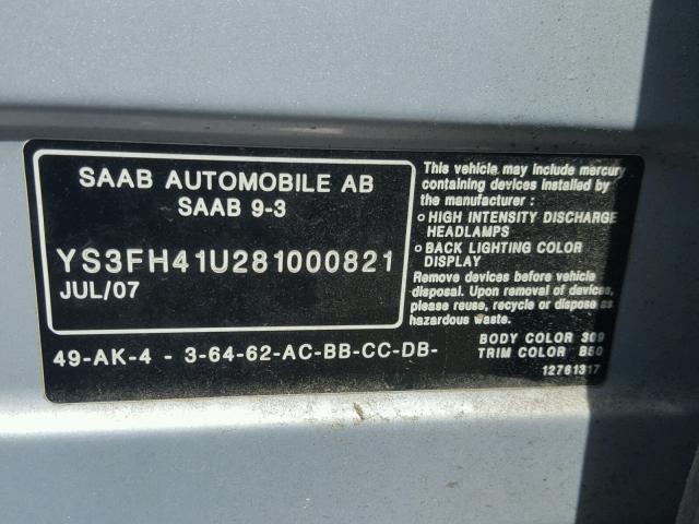 YS3FH41U281000821 - 2008 SAAB 9-3 AERO GRAY photo 10