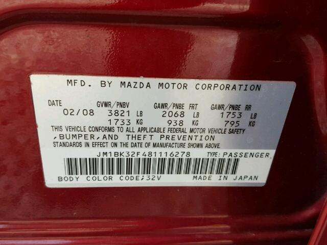 JM1BK32F481116278 - 2008 MAZDA 3 BURGUNDY photo 10