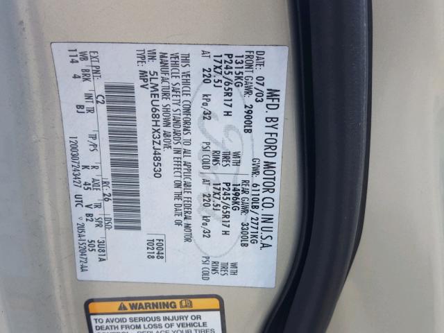 5LMEU68HX3ZJ48530 - 2003 LINCOLN AVIATOR 金色 照片 10