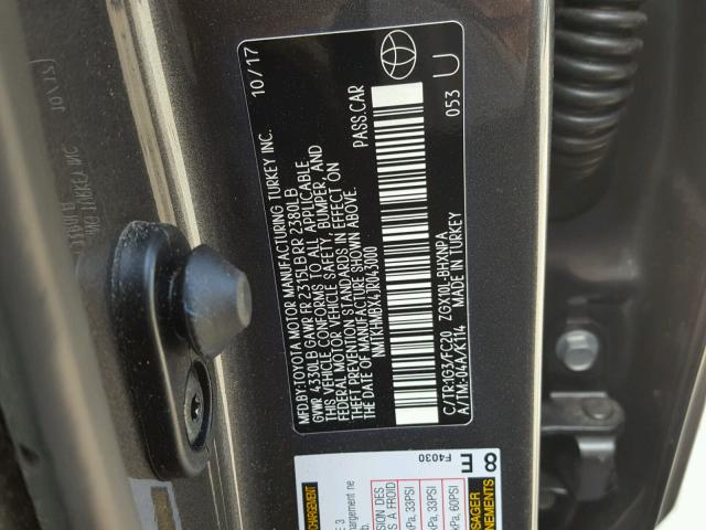 NMTKHMBX4JR043000 - 2018 TOYOTA C-HR XLE GRAY photo 10