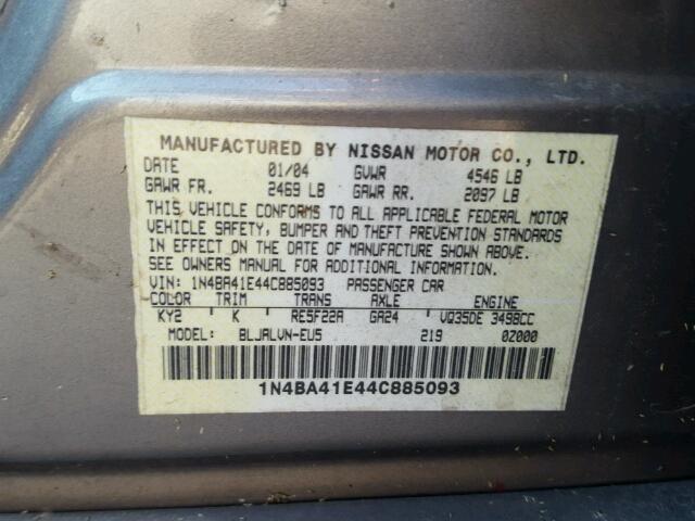 1N4BA41E44C885093 - 2004 NISSAN MAXIMA SE GRAY photo 10