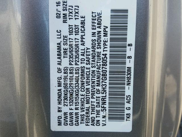 5FNRL5H37GB078054 - 2016 HONDA ODYSSEY SE SILVER photo 10