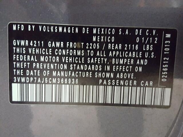 3VWDP7AJ5CM366936 - 2012 VOLKSWAGEN JETTA SE 灰色 照片 10