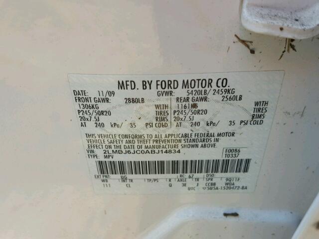 2LMDJ6JC0ABJ14834 - 2010 LINCOLN MKX WHITE photo 10