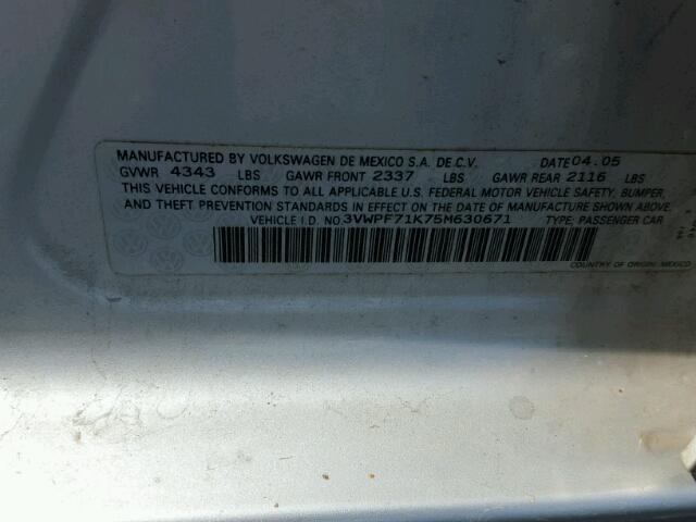 3VWPF71K75M630671 - 2005 VOLKSWAGEN NEW JETTA SILVER photo 10