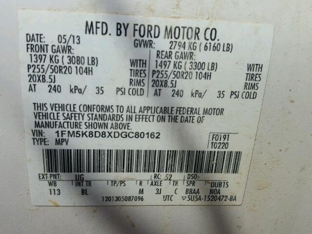 1FM5K8D8XDGC80162 - 2013 FORD EXPLORER WHITE photo 10