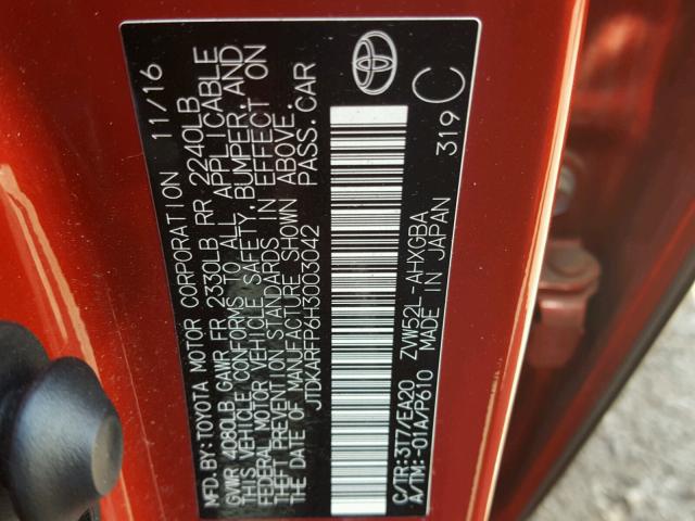 JTDKARFP6H3003042 - 2017 TOYOTA PRIUS PRIM 红色 照片 10