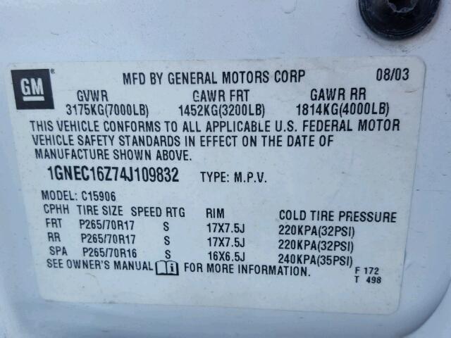 1GNEC16Z74J109832 - 2004 CHEVROLET SUBURBAN C WHITE photo 10