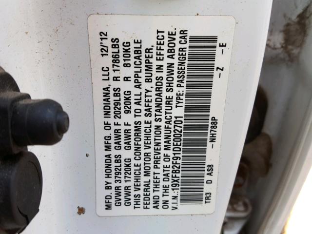 19XFB2F91DE002701 - 2013 HONDA CIVIC EXL WHITE photo 10