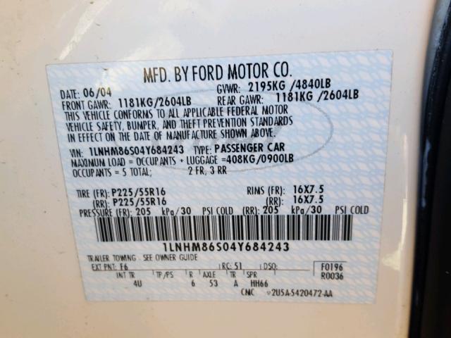 1LNHM86S04Y684243 - 2004 LINCOLN LS 白色 照片 10