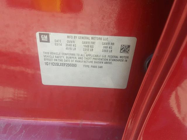1G11C5SLXEF256093 - 2014 CHEVROLET MALIBU 1LT წითელი ფოტო 10