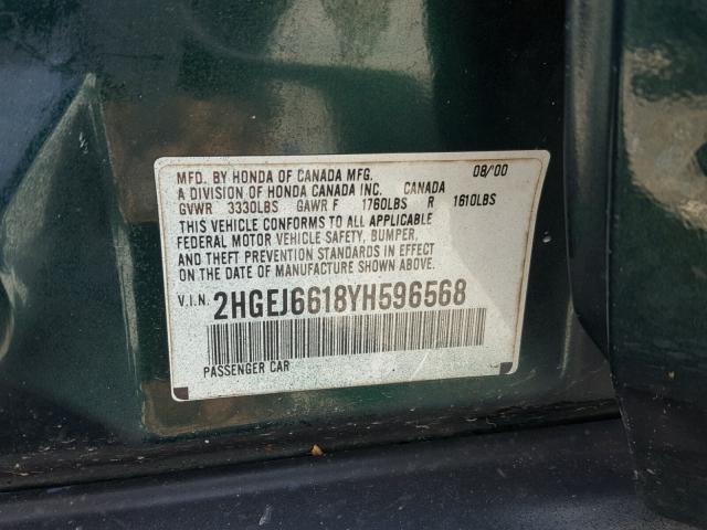 2HGEJ6618YH596568 - 2000 HONDA CIVIC BASE Yaşıl foto 10