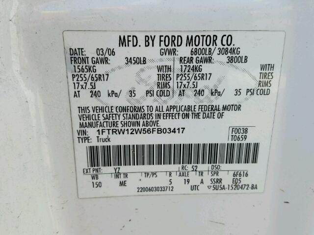 1FTRW12W56FB03417 - 2006 FORD F150 WHITE photo 10