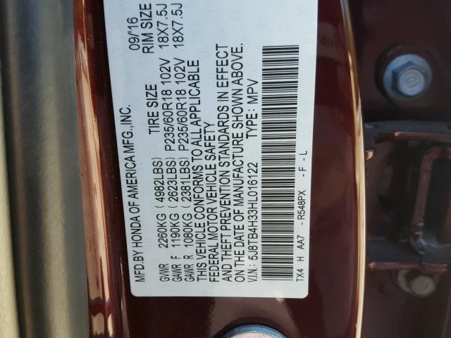 5J8TB4H33HL016122 - 2017 ACURA RDX BASE MAROON photo 10