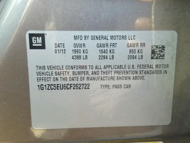 1G1ZC5EU6CF262722 - 2012 CHEVROLET MALIBU 1LT 奶油色 照片 10