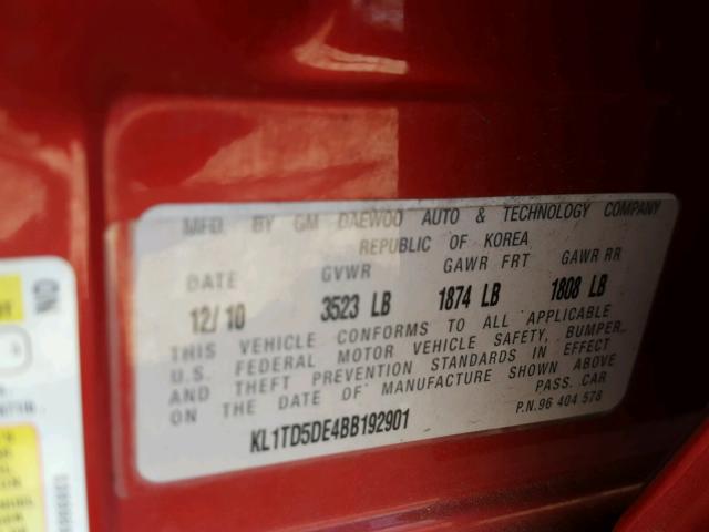 KL1TD5DE4BB192901 - 2011 CHEVROLET AVEO LS RED photo 10