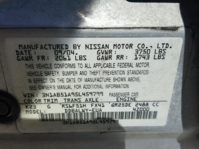 3N1AB51A95L459799 - 2005 NISSAN SENTRA SE- SILVER photo 10