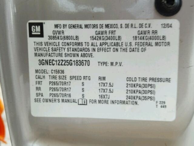 3GNEC12Z25G183670 - 2005 CHEVROLET AVALANCHE 金色 照片 10