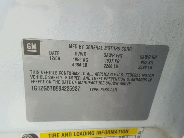 1G1ZG57B994225927 - 2009 CHEVROLET MALIBU LS WHITE photo 10